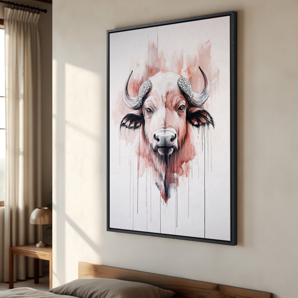 Framed Wall Art: Watercolor buffalo portrait in red and white. Modern animal art for your home. Shop now!