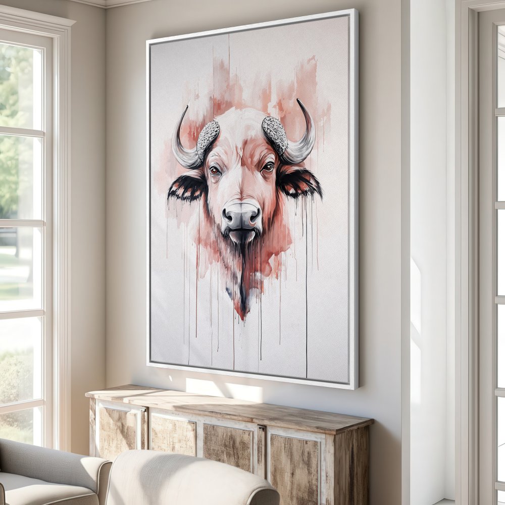 Framed Wall Art: Watercolor buffalo portrait in a modern interior. Earthy red and white tones. Elevate your space with this stunning Canvas Print!