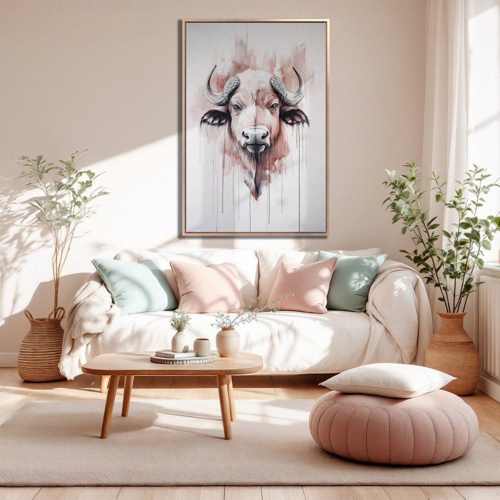 Framed Wall Art: Watercolor buffalo portrait in blush and neutral tones. Modern farmhouse decor, perfect for living room or bedroom.