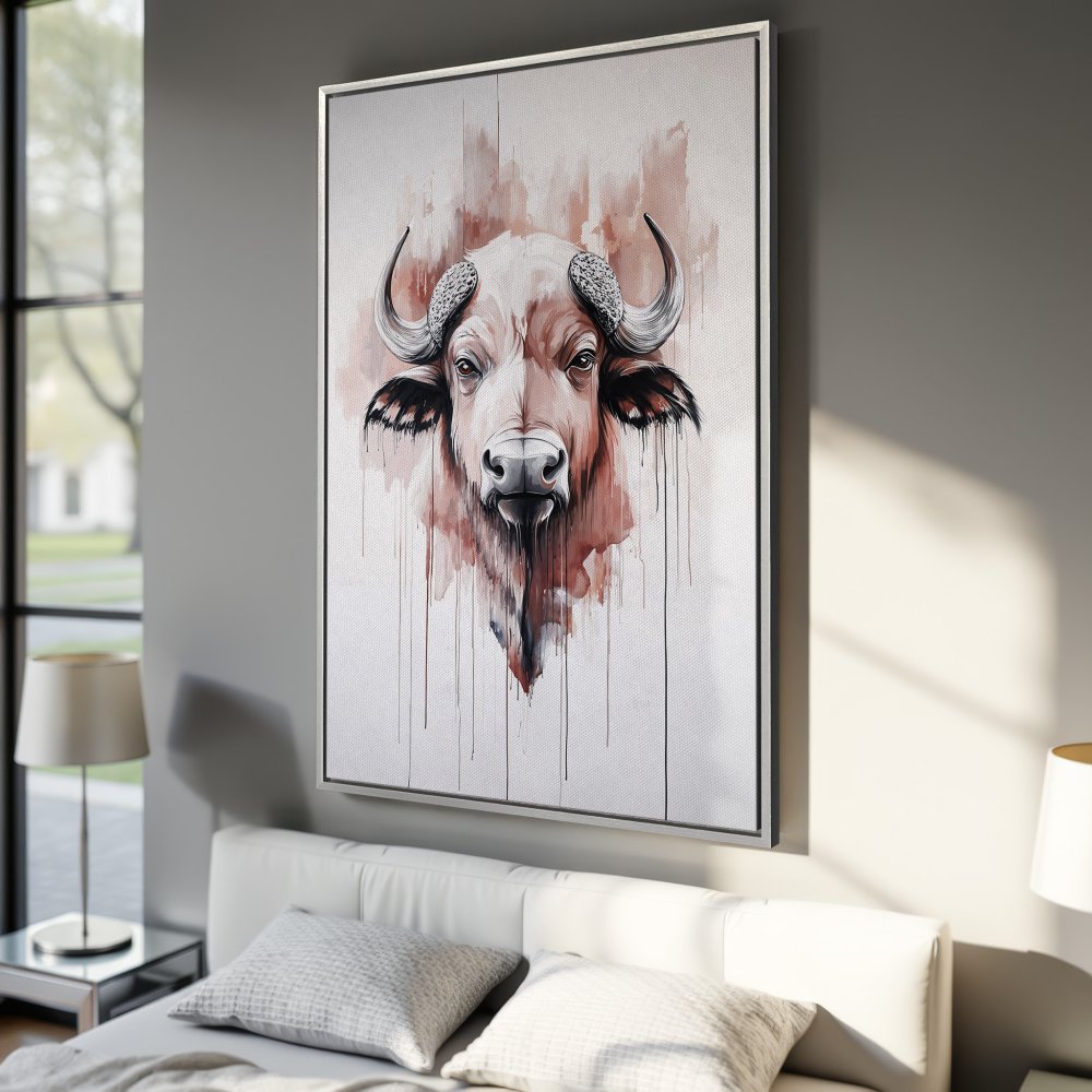 Framed Wall Art: Watercolor buffalo portrait in earthy tones, perfect for modern decor. Add a touch of nature to your space with this stunning Canvas Print.