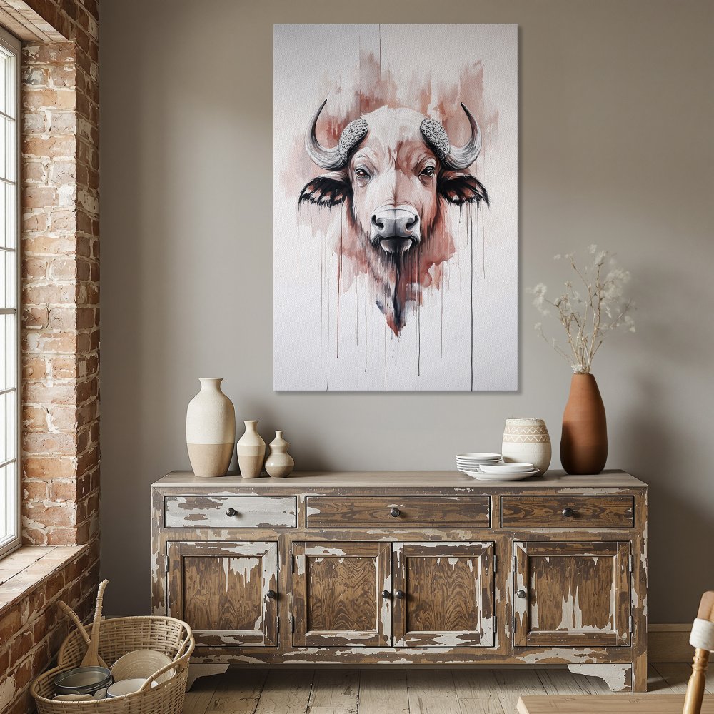 Framed Wall Art: Watercolor buffalo portrait in a modern dining room. Features a red and white color palette, perfect for home decor.