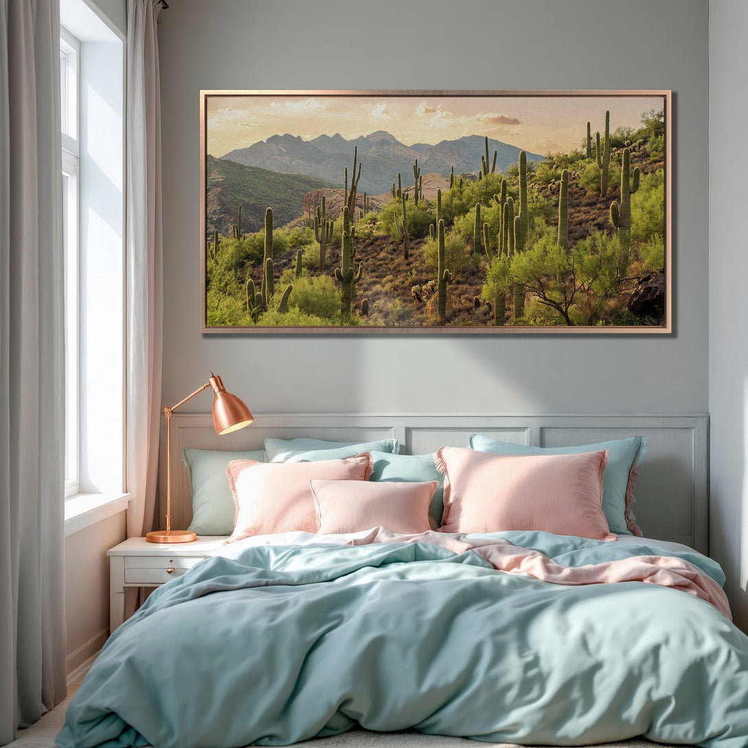 Framed Wall Art: Desert landscape Canvas Print in a serene bedroom. Earthy tones of green, brown, and beige create a calming atmosphere. Elevate your space!