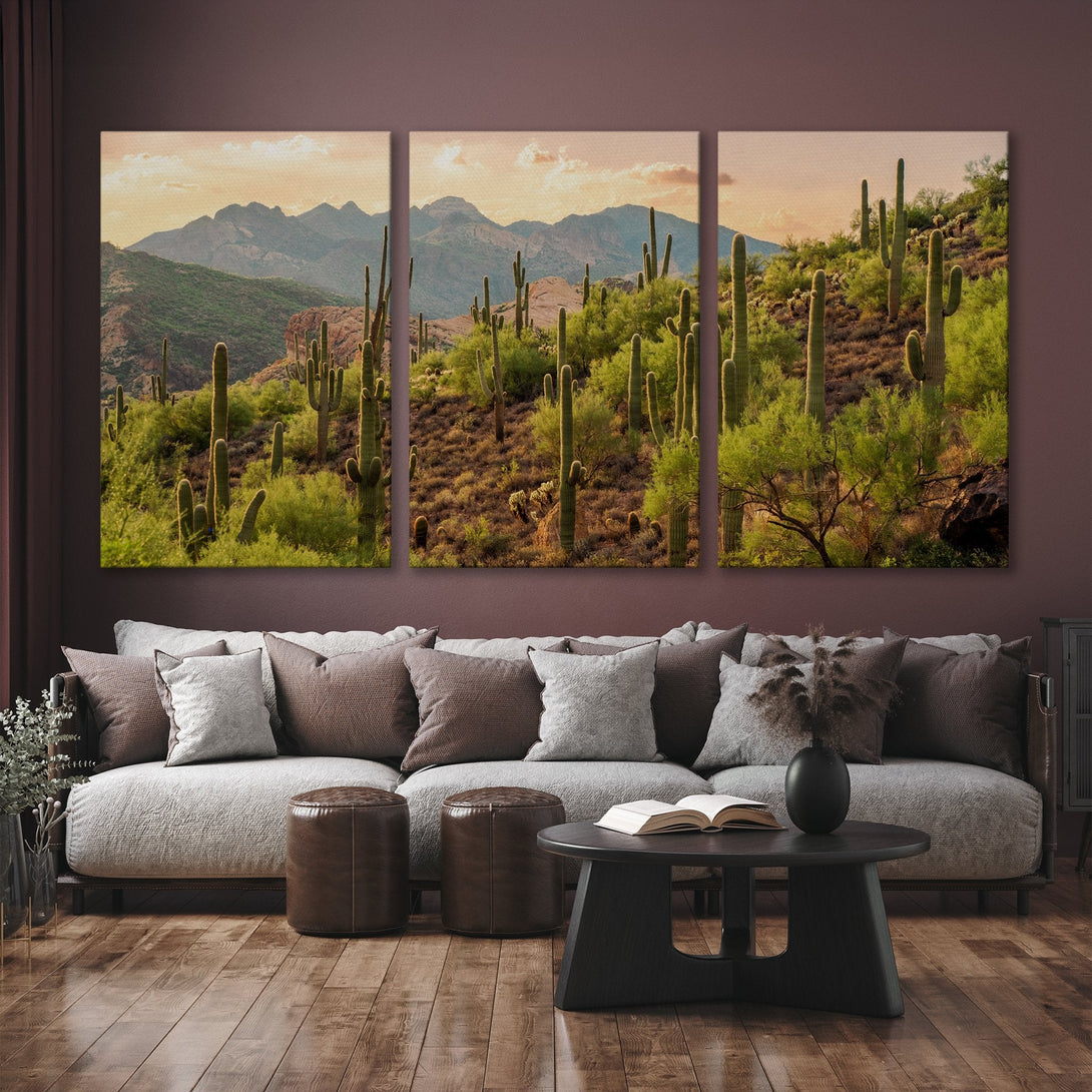 Canvas Print of a desert landscape featuring cacti and mountains in warm, earthy tones. Perfect for adding a touch of nature to your home.
