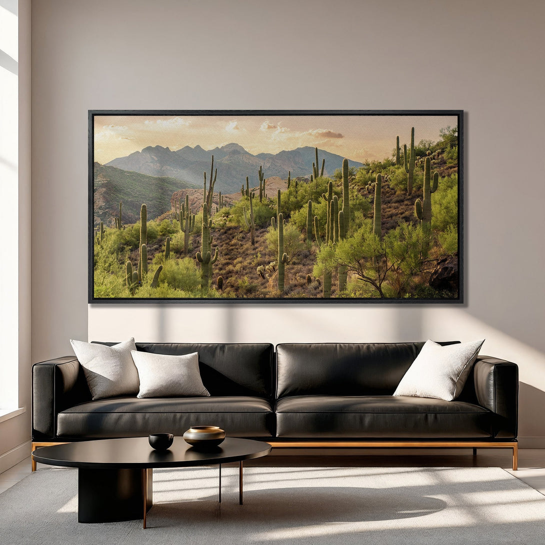 Framed Wall Art: Desert landscape Canvas Print with cacti, mountains, and warm sunset hues. Perfect for adding a touch of nature to your home decor.