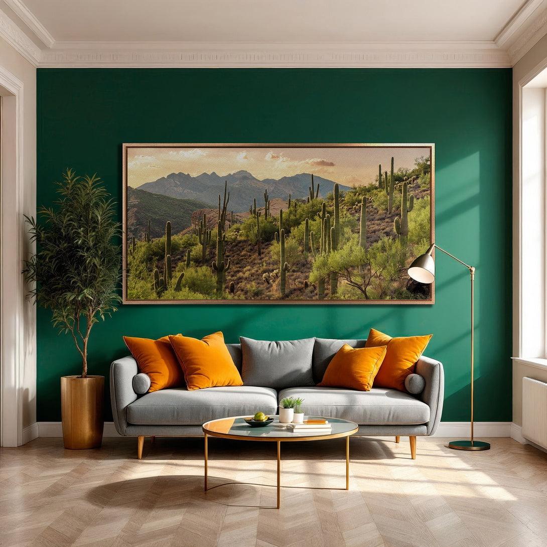 Framed Wall Art featuring a desert landscape with cacti, in a warm, earthy palette. Adds a touch of nature and style to any interior space.
