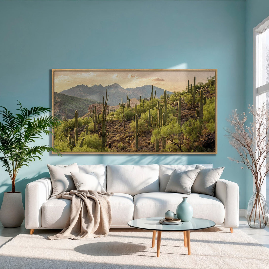Framed Wall Art: Desert landscape Canvas Print in warm tones. Perfect for adding a touch of nature and style to your living room.