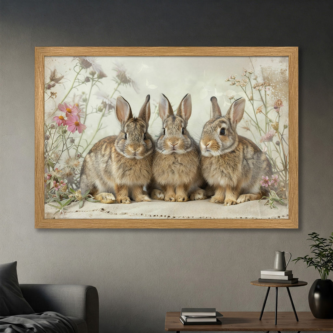 Framed Poster featuring three adorable bunnies in a vintage style with a soft neutral color palette and floral accents. Perfect for nursery decor!