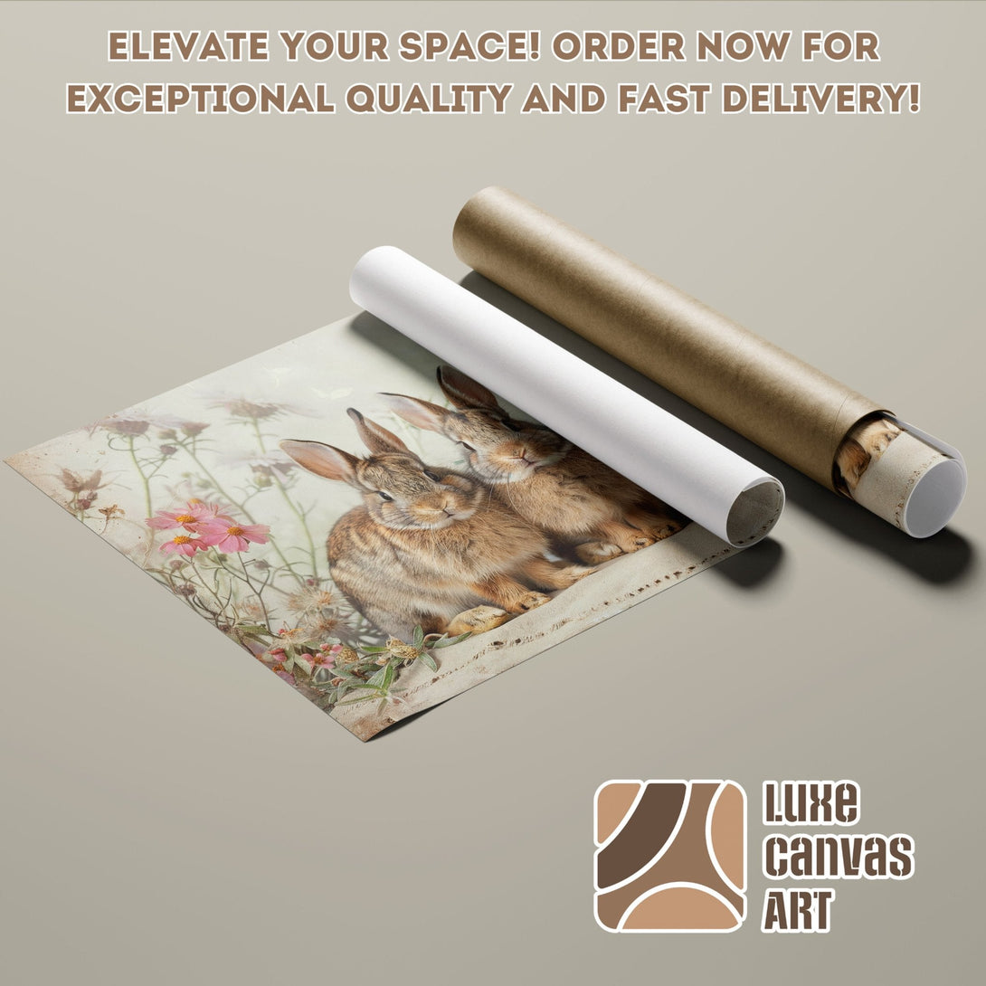 Poster Roll featuring bunnies and flowers in a vintage style, warm neutral color palette. Order yours today!