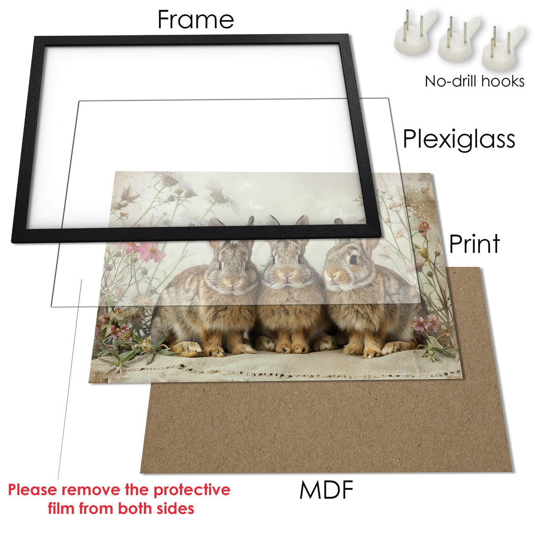 Framed Poster featuring three adorable rabbits in a vintage style with a neutral color palette, perfect for your home decor.