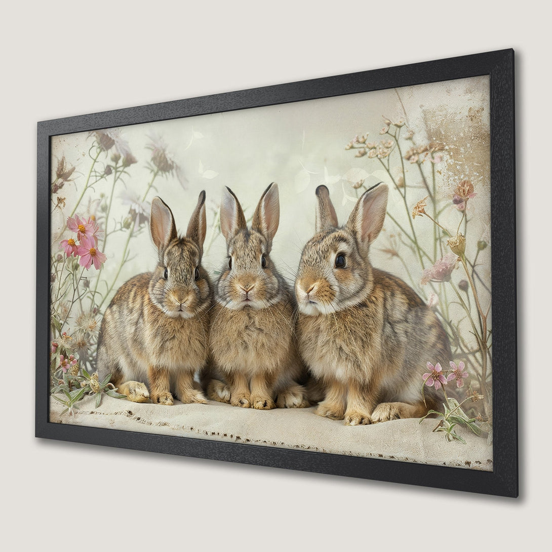 Framed Poster featuring three adorable bunnies in a vintage style with a soft neutral color palette and floral accents. Perfect wall art!