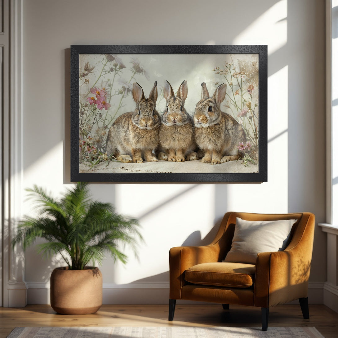 Framed Poster featuring three adorable bunnies in a vintage style, soft neutral tones with pops of pink. Perfect wall art!