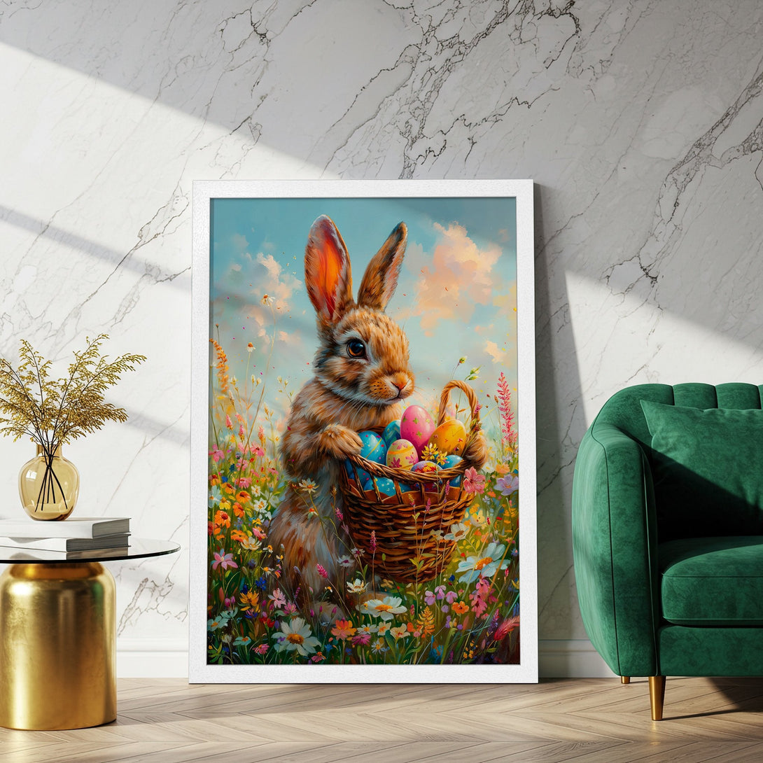 Framed Poster featuring a charming bunny with Easter eggs in a floral field. Pastel color palette, impressionistic style. Perfect Easter decor!