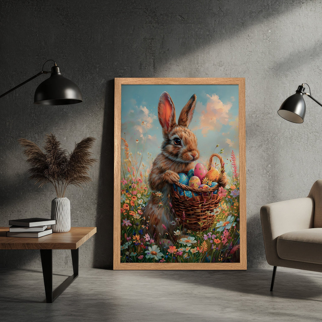 Framed Poster featuring a charming bunny with Easter eggs in a field of flowers. Pastel color palette, perfect spring decor.