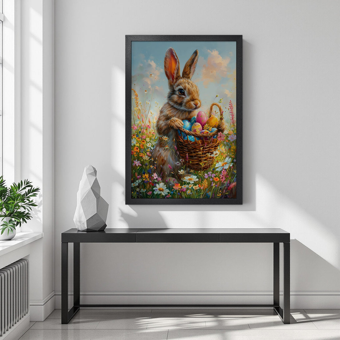Framed Poster featuring a charming bunny with Easter eggs in a vibrant, colorful floral field. Soft pastel hues create a whimsical, inviting atmosphere.