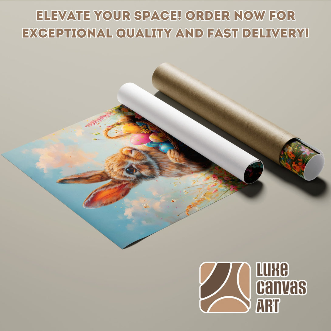 Poster Roll featuring a whimsical bunny illustration with pastel colors. Perfect wall art for your home!
