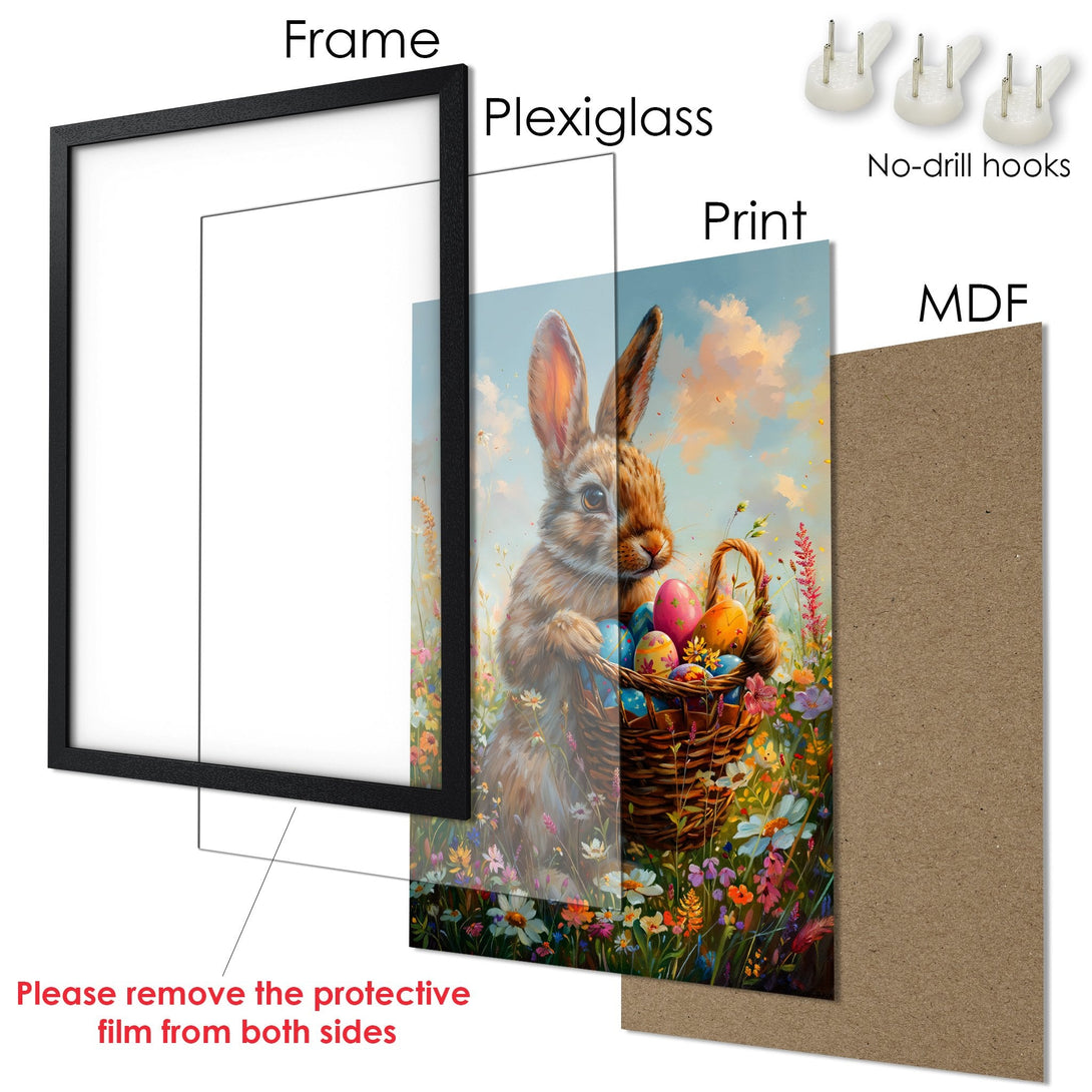 Framed Poster featuring a charming bunny with Easter eggs, painted in a whimsical style with a pastel color palette.