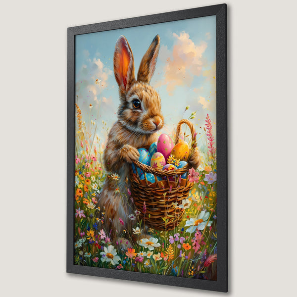 Framed Poster featuring a charming Easter bunny with colorful eggs in a field of flowers, painted in a vibrant, whimsical style with a pastel color palette.