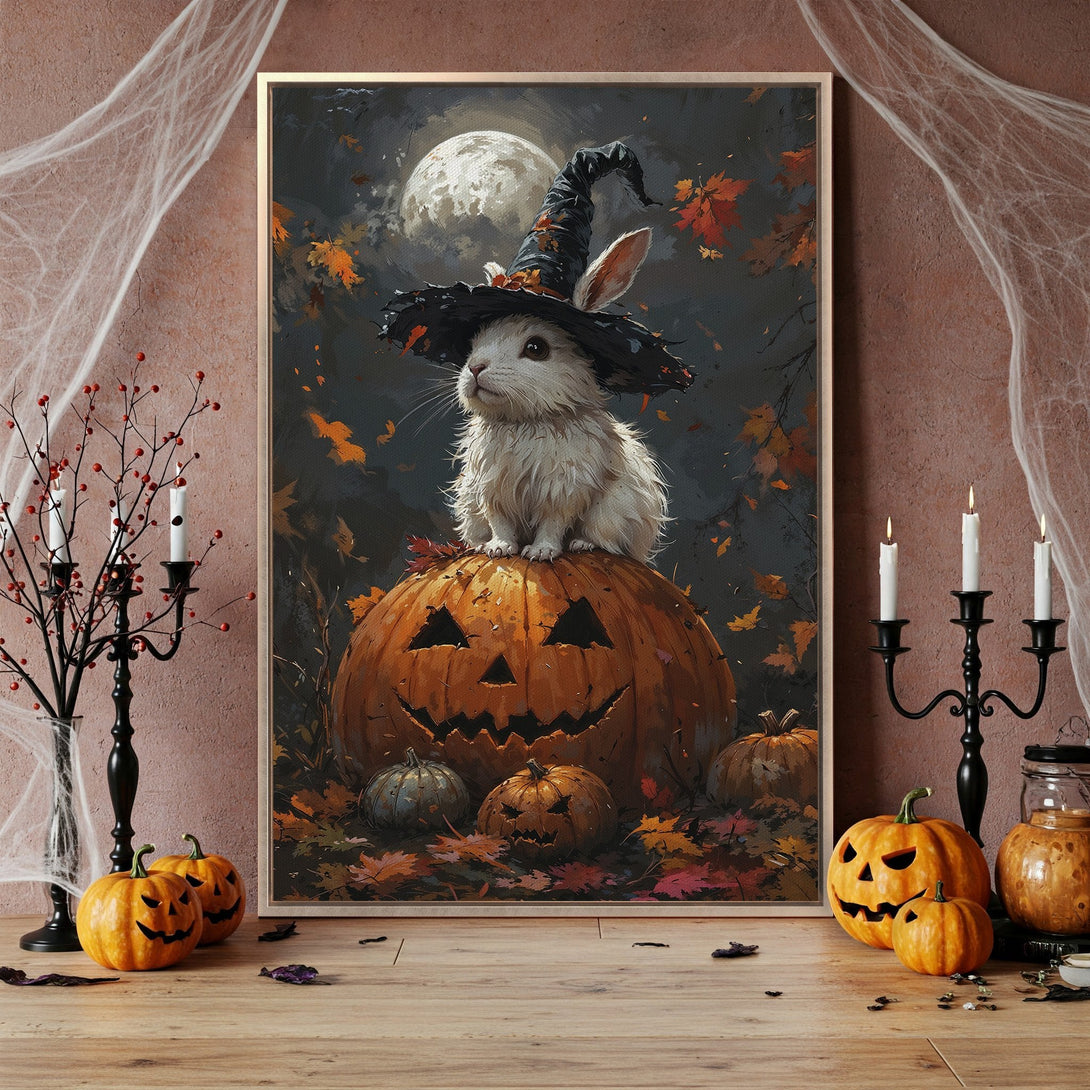 Framed Wall Art: Whimsical Halloween bunny in witch hat on pumpkin. Autumnal hues of orange, black, and grey. Perfect spooky decor.