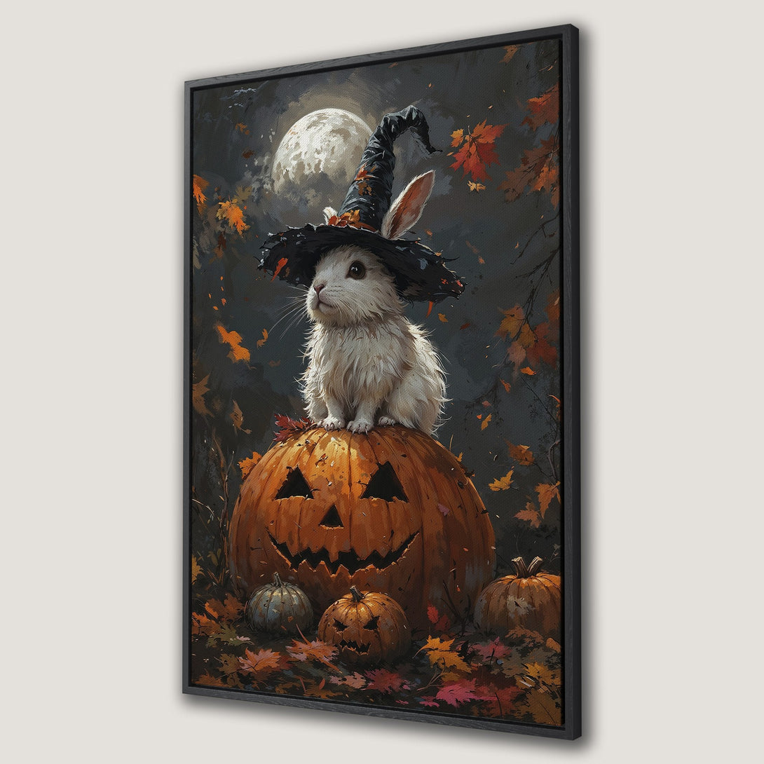 Framed Wall Art featuring a whimsical Halloween bunny in a witch hat on a pumpkin. Rich orange, black, and gray color palette, perfect autumn decor.