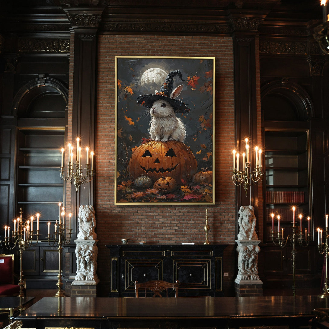 Canvas Print: Halloween bunny art on pumpkin, dark moody style, orange & black color palette. Perfect spooky decor!