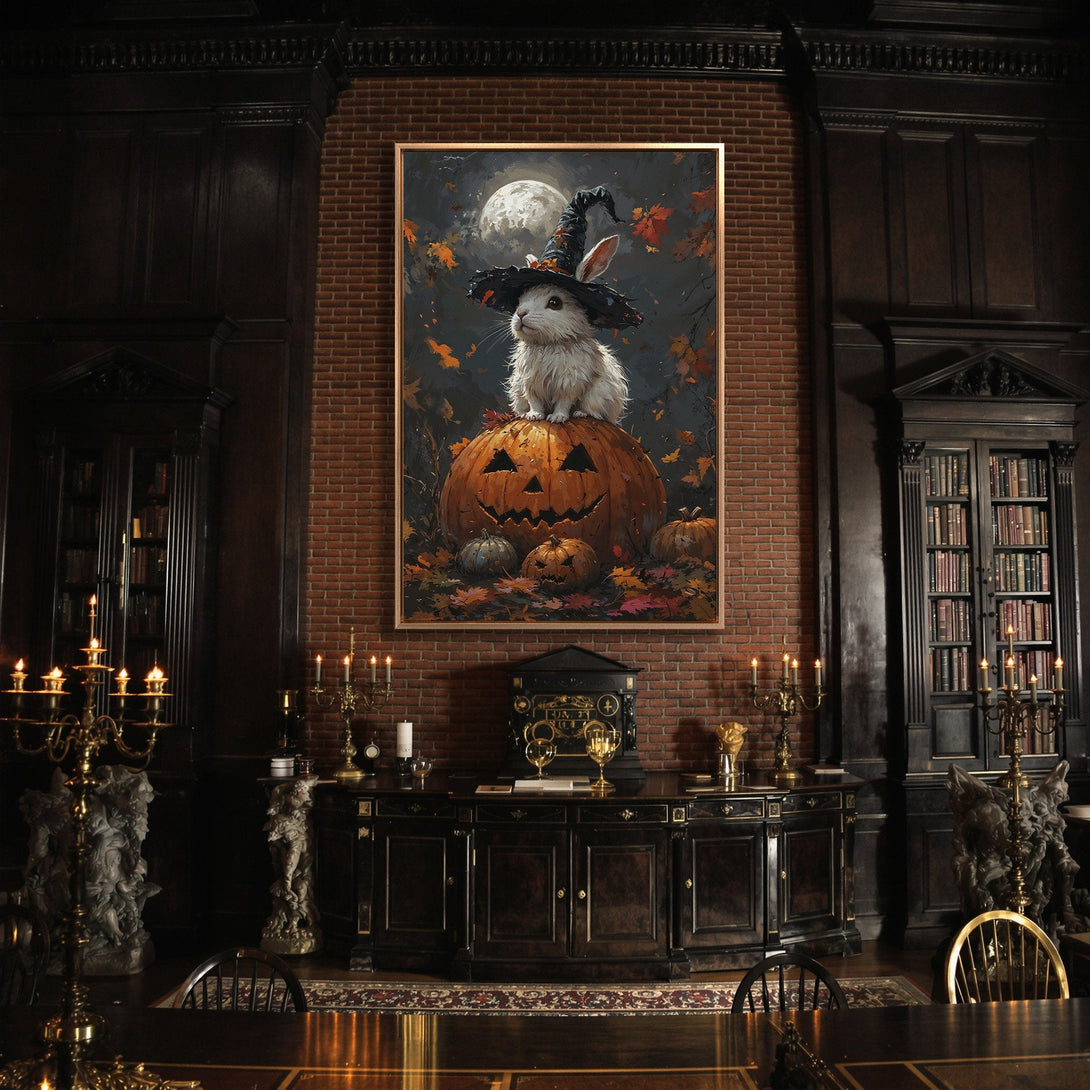 Framed Wall Art: Whimsical Halloween bunny in witch hat on a pumpkin. Dark, moody color palette with warm autumn tones. Perfect for spooky decor.