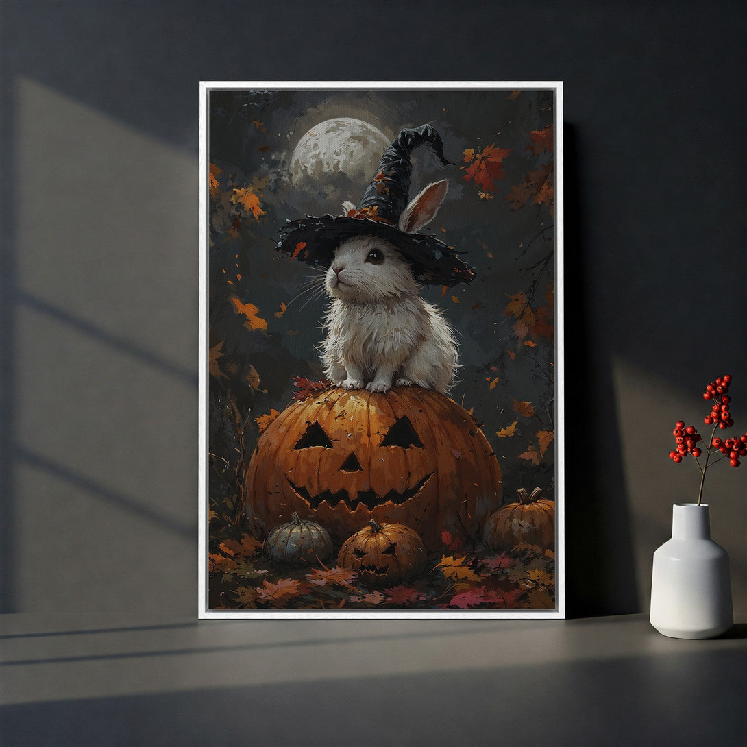 Framed Wall Art: Adorable Halloween bunny in witch hat on pumpkin. Warm autumn tones with a whimsical style. Perfect seasonal decor!