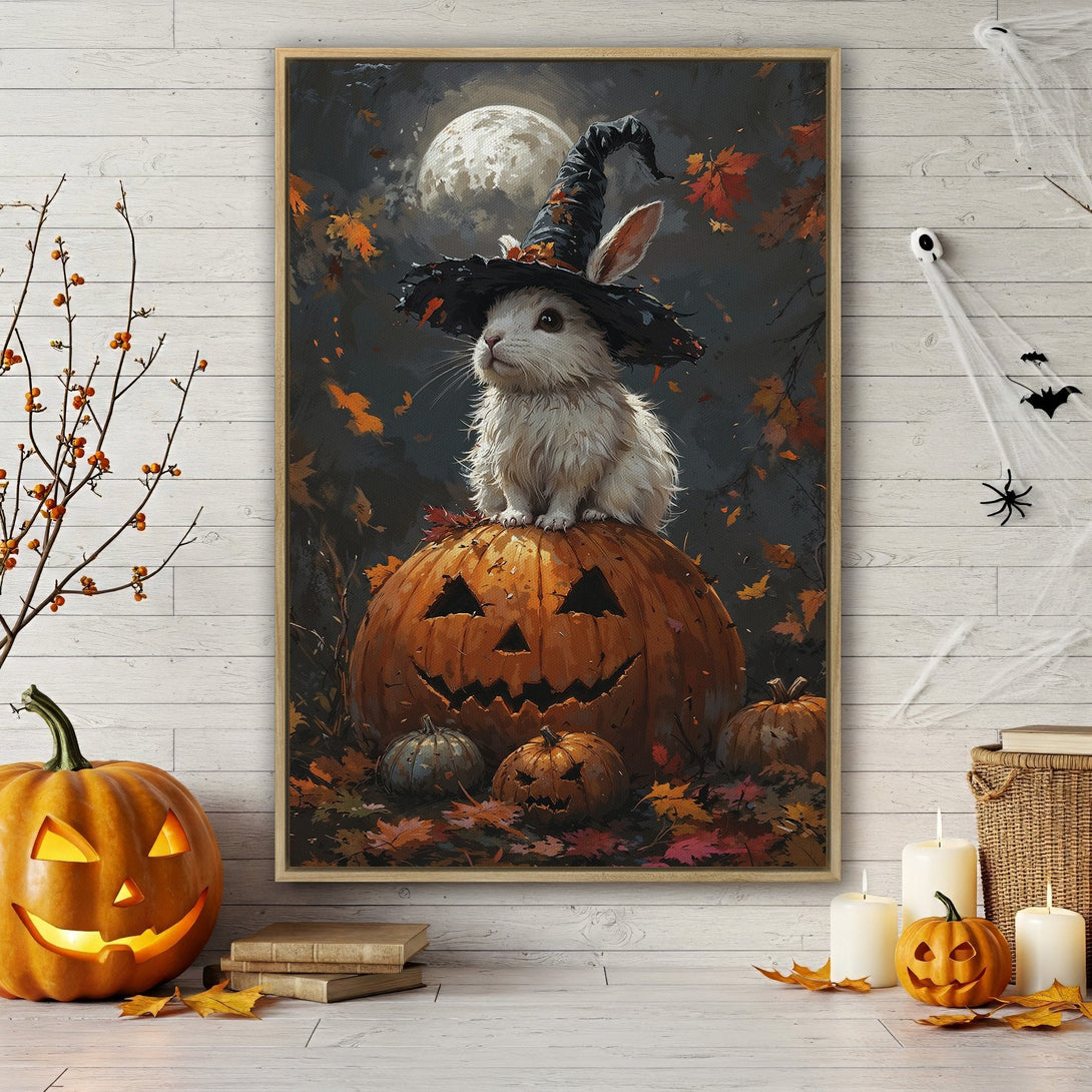 Framed Wall Art: Halloween bunny in witch hat on pumpkin, warm autumn color palette. Perfect spooky decor for your home. Shop now!