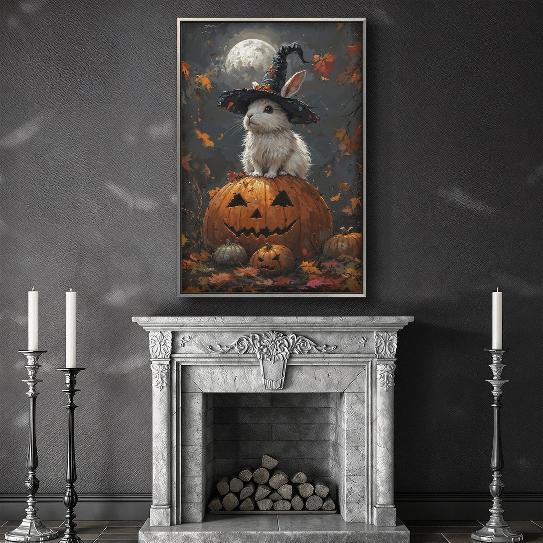 Framed Wall Art: Adorable Halloween bunny in a witch hat on a pumpkin. Warm autumn color palette. Perfect for spooky season decor!