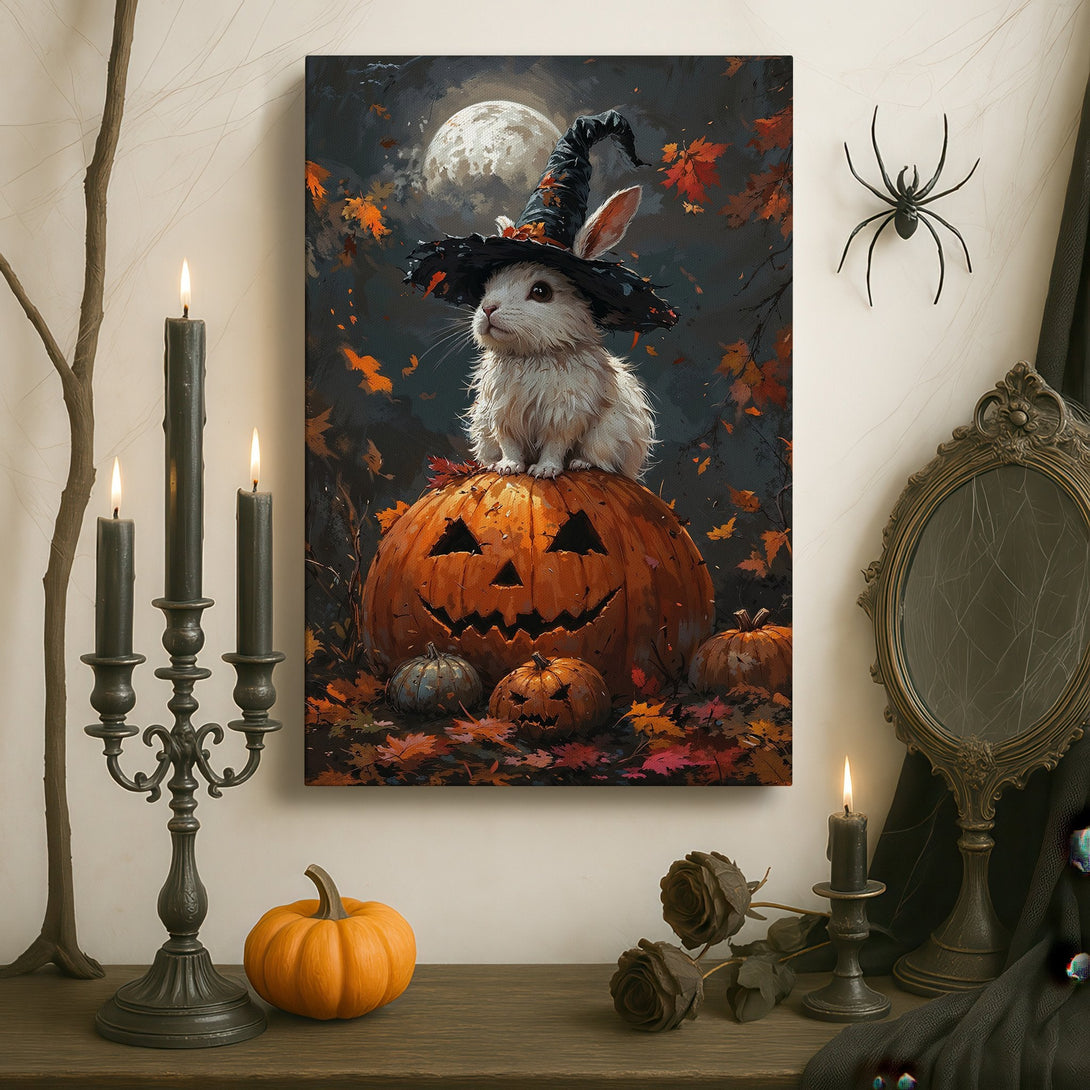 Framed Wall Art: Halloween bunny wearing a witch hat on a pumpkin, dark & moody color palette, perfect for seasonal decor.