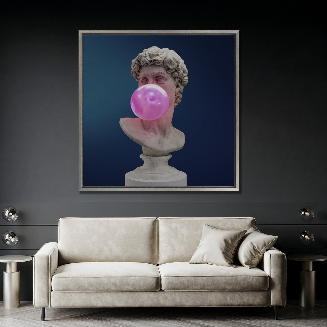 Framed Wall Art: David bust with bubblegum, modern pop art style, cool blue and pink palette, perfect for a stylish living room.