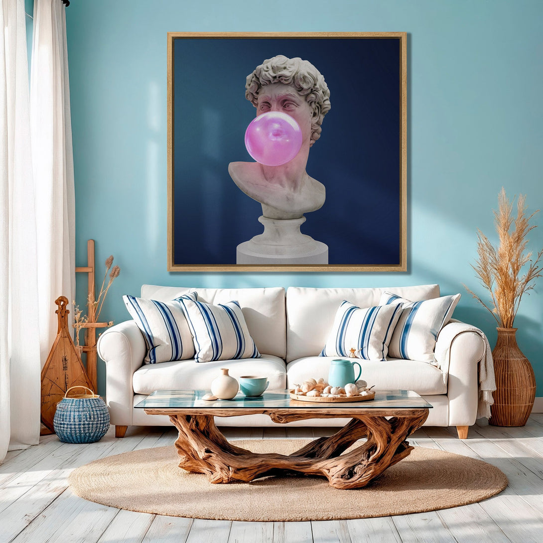 Framed Wall Art: David bust with bubblegum, pop art style. Blue and pink color palette. Modern living room decor.