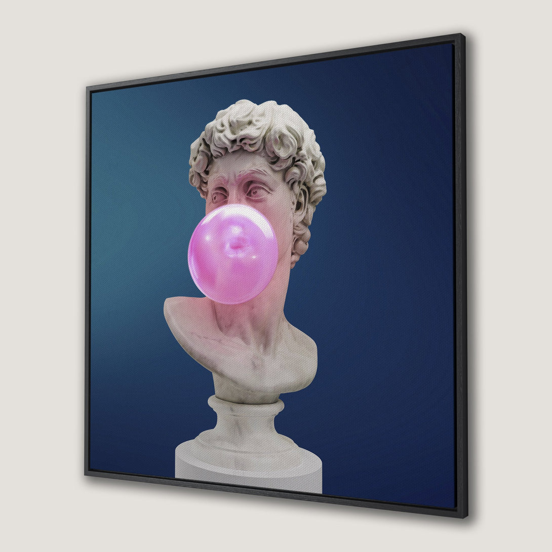 Framed Wall Art: David bust with bubblegum, modern pop art style. Blue and pink color palette. Perfect for adding a unique touch to your space.