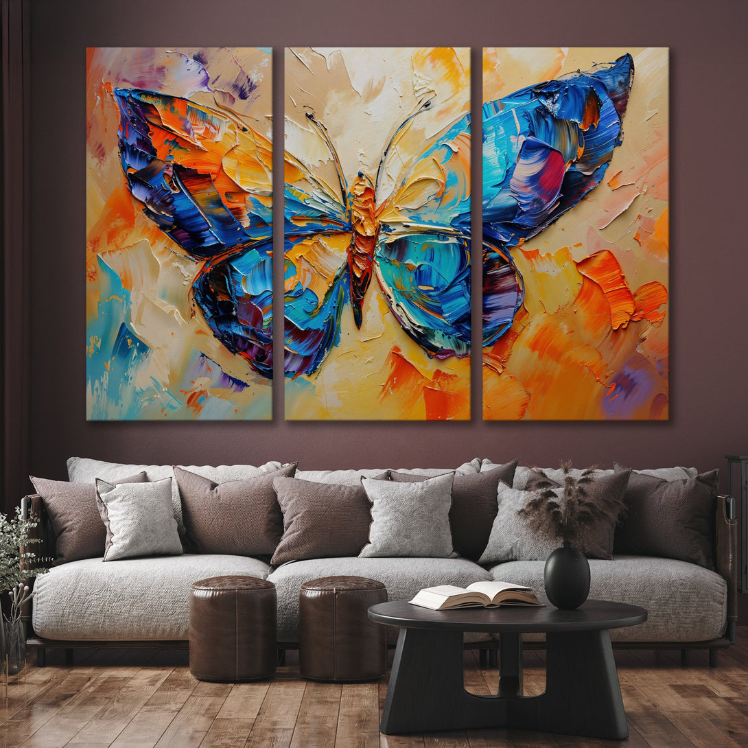 Vibrant butterfly Canvas Print in impasto style, featuring bold blues, oranges, and yellows. Perfect wall art to brighten any space.