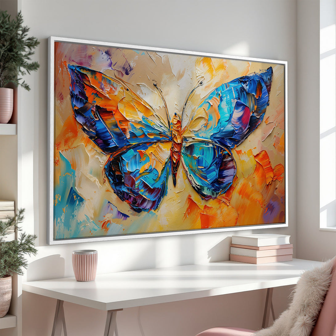Framed Wall Art: Stunning butterfly oil painting in vibrant blue, orange, and yellow hues. Add a touch of art and color to your space!
