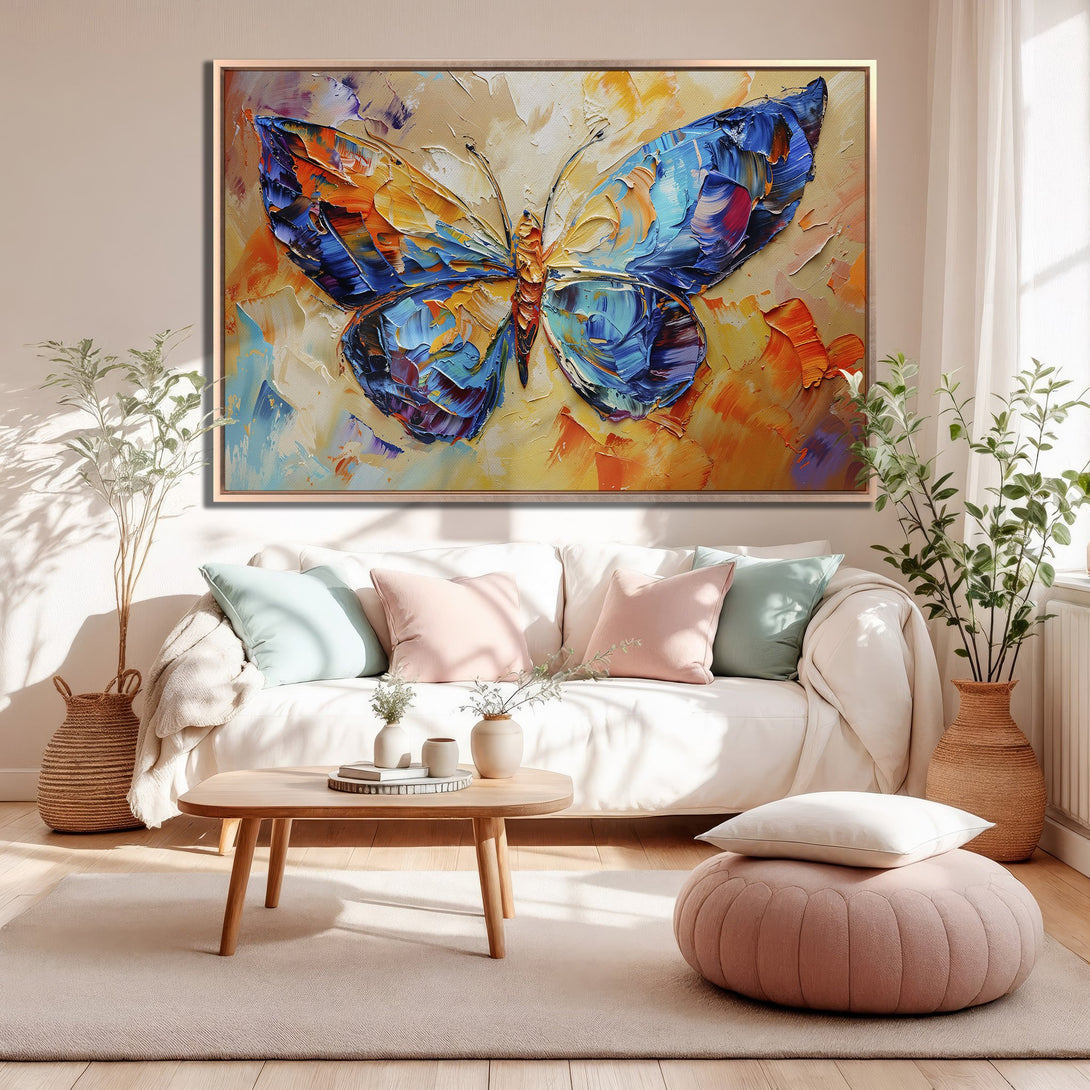Framed Wall Art: Colorful butterfly painting with impasto texture. Blue, orange, and yellow palette. Perfect for living room decor. Shop now!
