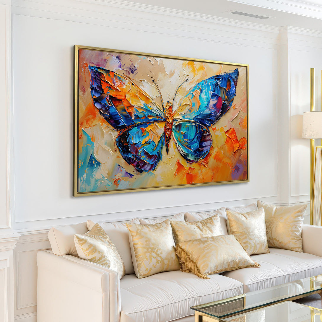 Canvas Print of a vibrant butterfly in an impressionistic style, featuring a blue, orange, and yellow color palette. Perfect wall art for any room!
