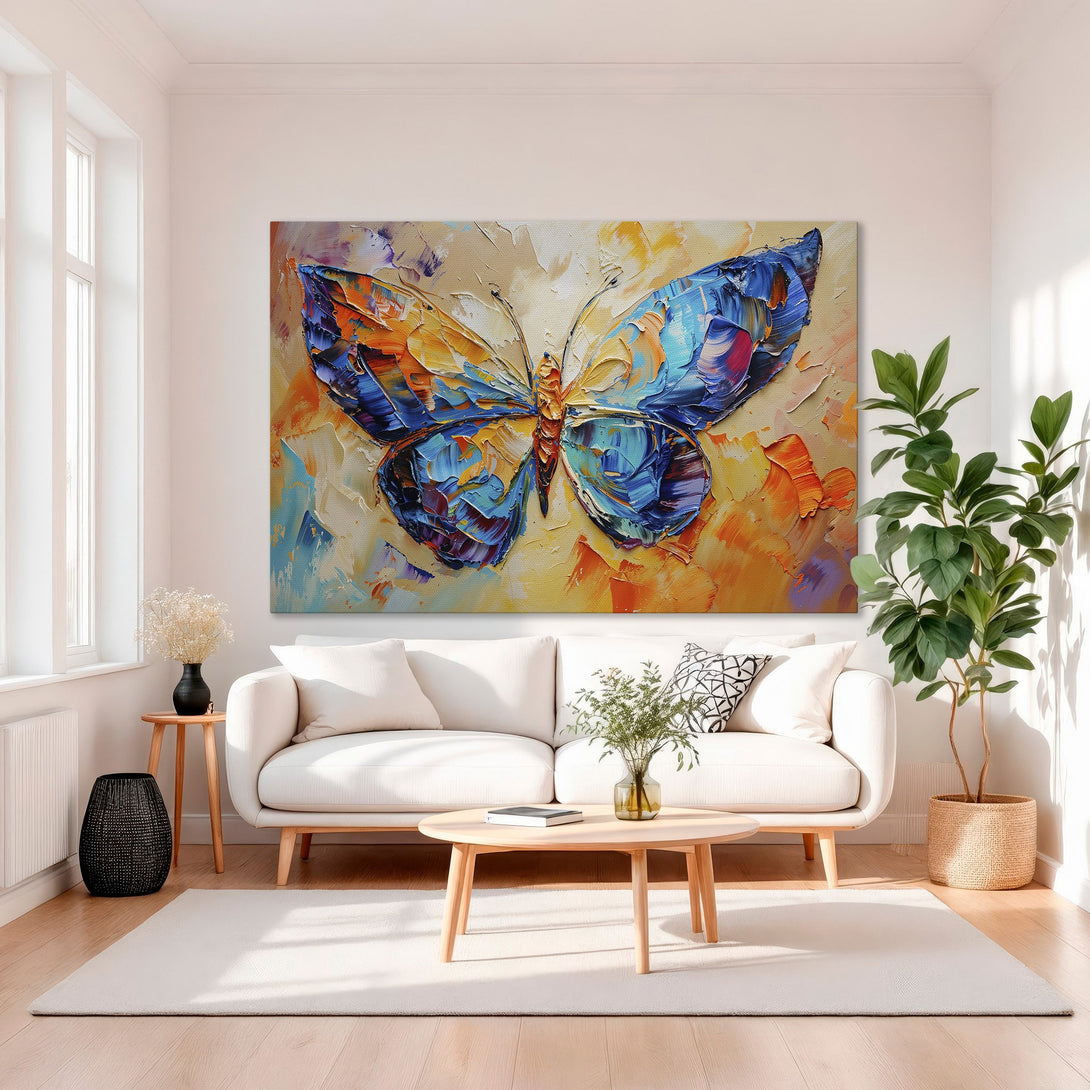 Framed Wall Art: Colorful butterfly painting in a modern style. Featuring a palette of blue, orange, and yellow hues. Perfect for living room decor.