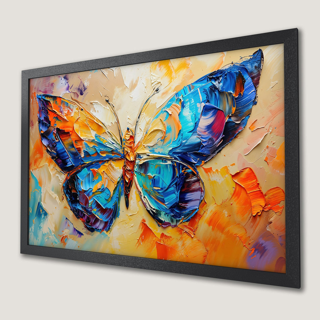 Framed Poster featuring a vibrant butterfly in impasto style with a warm, colorful palette of blues, oranges, and yellows.