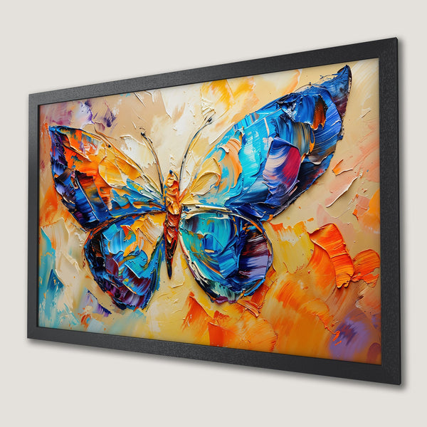 Framed Poster featuring a vibrant butterfly in impasto style with a warm, colorful palette of blues, oranges, and yellows.