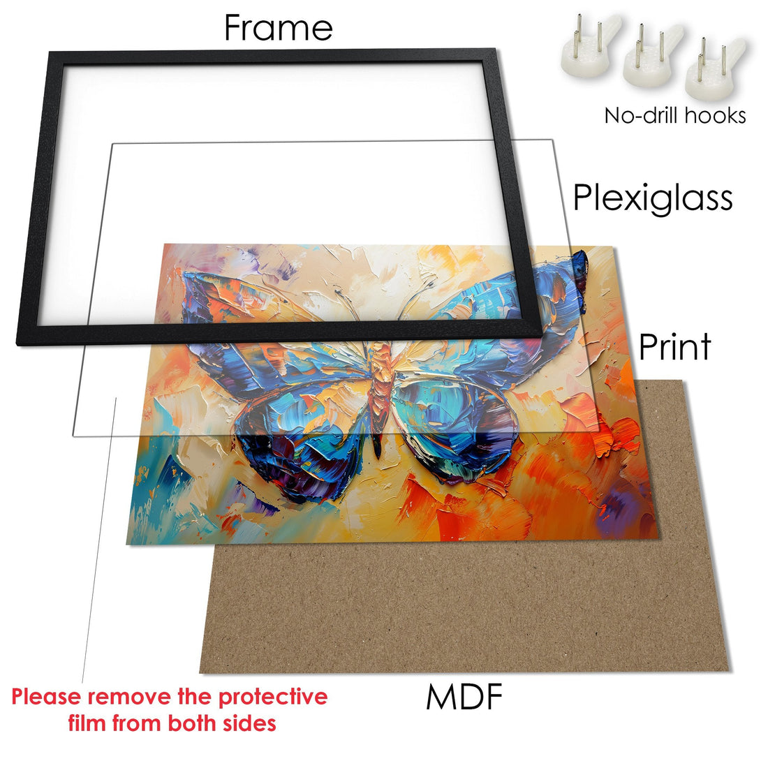 Framed Poster featuring a vibrant butterfly in an expressive, textured style with a warm, colorful palette. Bring art to your home!