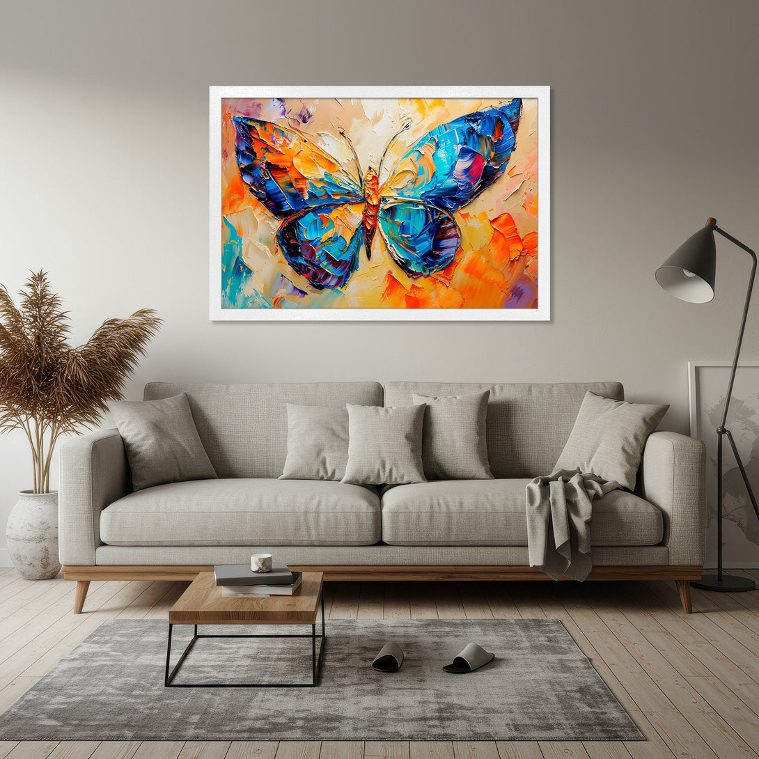 Framed Poster of a vibrant butterfly painting in impasto style, featuring a colorful palette of blues, oranges, and yellows.