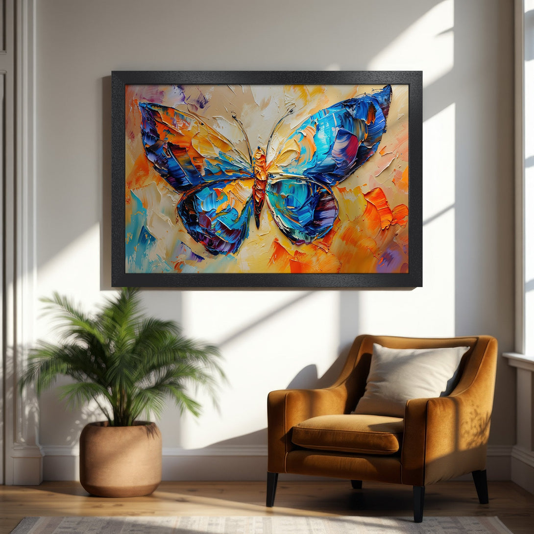 Framed Poster of a vibrant butterfly in an impasto style, featuring a blue, orange, and yellow color palette. Perfect wall art!
