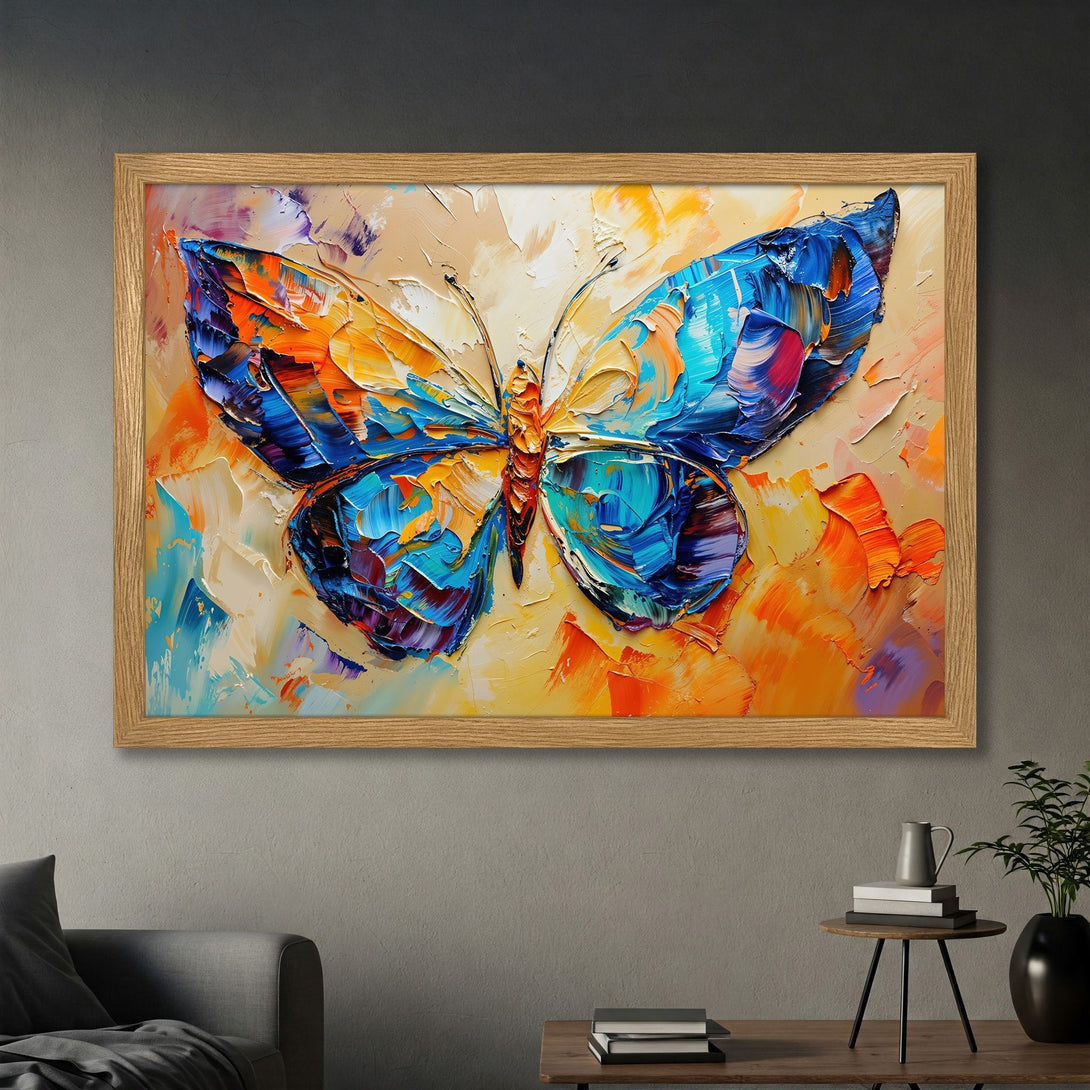 Framed Poster featuring a vibrant butterfly painting in impasto style with a blue, orange, and yellow color palette. Add artistic flair to your space!