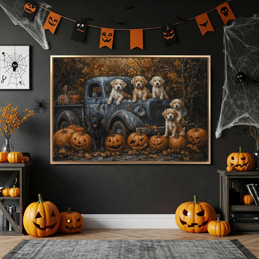 Framed Wall Art: Adorable puppies in a vintage truck, autumn scene. Warm, inviting color palette. Perfect Halloween decor!