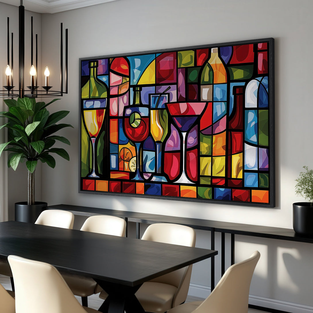Framed Wall Art: Colorful abstract cocktail and bottle design. Vibrant, modern style with a bold, multi-colored palette. Perfect for dining room decor.