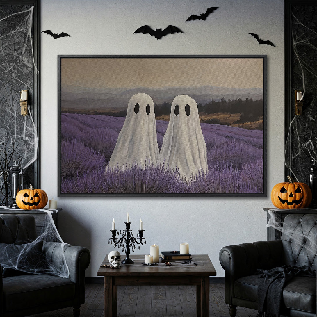 Framed Wall Art: Spooky ghost painting with lavender field, perfect Halloween decor. Features a black frame, neutral & purple color palette, ideal for any room.
