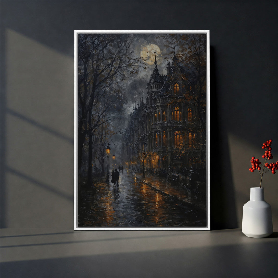 Framed Wall Art: Moody cityscape Canvas Print with a dark, romantic aesthetic. Features a moonlit street scene in a muted palette of blues, grays, and warm golds.