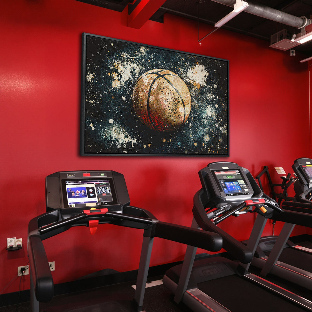 Framed Wall Art: Abstract basketball canvas print in a gym with red walls. Modern art with earth tones and dark accents. Perfect for home or office decor.