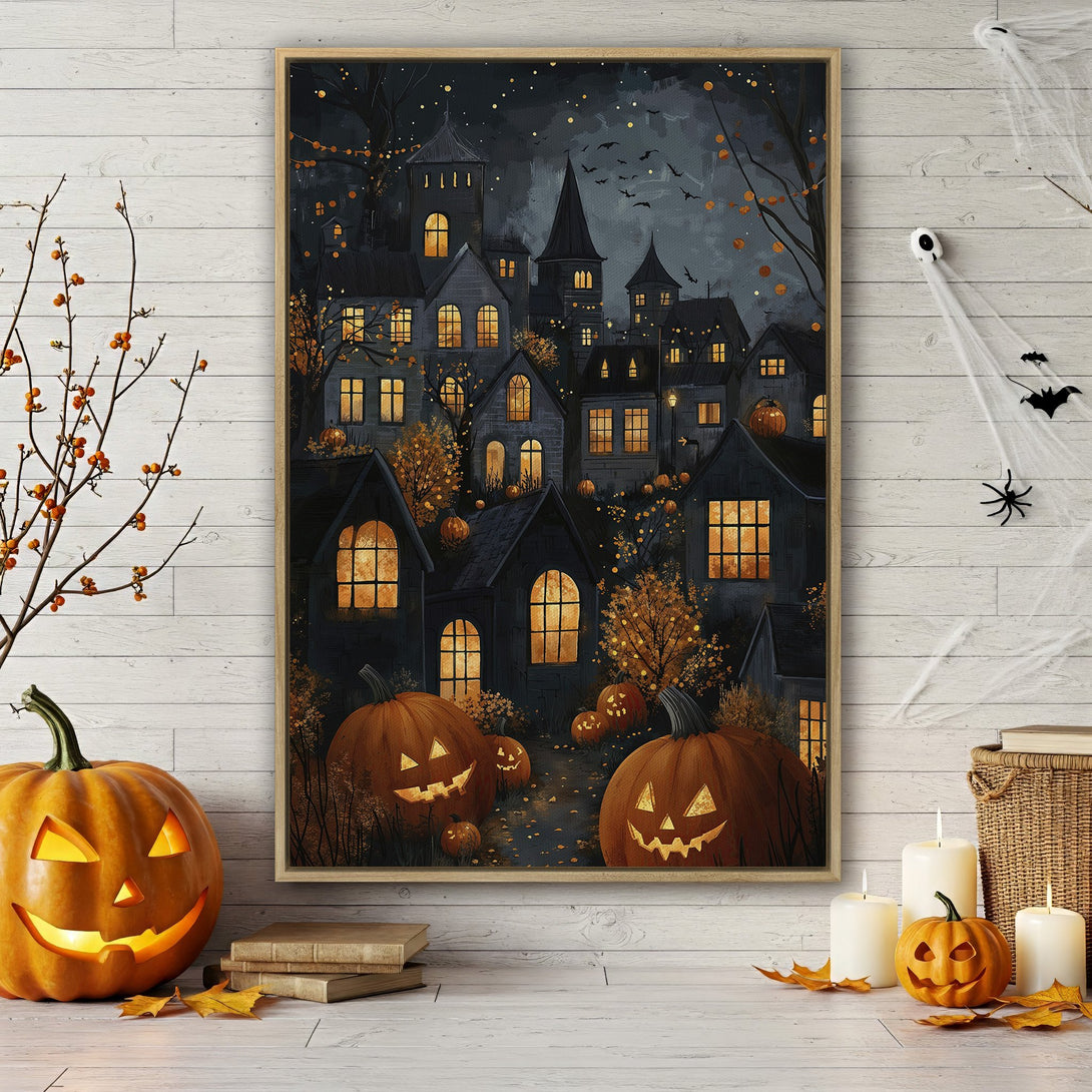 Framed Wall Art: Spooky Halloween town scene in dark blue and orange tones. Perfect autumn decor for your home. Get yours today!