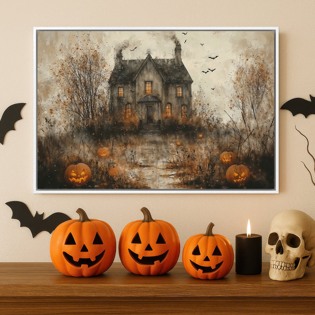 Framed Wall Art: Spooky Halloween scene with a haunted house and pumpkins, painted in a watercolor style with a warm, autumnal color palette.